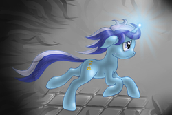 Size: 1500x1000 | Tagged: safe, artist:skorpionletun, minuette, pony, unicorn, g4, female, floppy ears, glowing, glowing horn, horn, magic, mare, running, solo