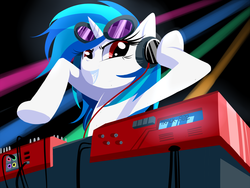 Size: 1000x750 | Tagged: safe, artist:cakewasgood, dj pon-3, vinyl scratch, pony, unicorn, g4, female, headphones, hooves, horn, mare, mixing console, smiling, solo, sunglasses, teeth, text, turntable