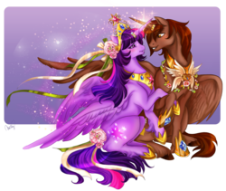 Size: 1740x1466 | Tagged: safe, artist:cigarscigarettes, twilight sparkle, oc, oc:courageous heart, alicorn, pony, g4, alicorn oc, big crown thingy, blushing, canon x oc, donut steel, element of magic, eye contact, female, flower, grin, holding hooves, horn, horns are touching, hug, jewelry, magic, male, raised hoof, ribbon, self insert, shipping, sitting, smiling, spread wings, straight, tail wrap, tiara, twileous, twilight sparkle (alicorn), winghug