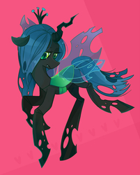 Size: 1000x1246 | Tagged: safe, artist:foxda, queen chrysalis, changeling, changeling queen, g4, abstract background, crown, female, jewelry, regalia, sad, smiling, solo