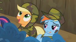 Size: 1280x720 | Tagged: safe, screencap, applejack, rainbow dash, twilight sparkle, dragon quest, g4, lidded eyes, out of context