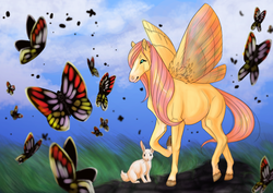 Size: 1024x723 | Tagged: safe, artist:catspian, angel bunny, fluttershy, butterfly, realistic