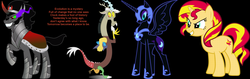 Size: 1500x474 | Tagged: safe, discord, king sombra, nightmare moon, sunset shimmer, pony, unicorn, g4, batista, evolution, line in the sand, motorhead, randy orton, ric flair, song reference, triple h, wwe