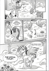 Size: 1375x2000 | Tagged: safe, artist:korurun, princess celestia, twilight sparkle, alicorn, pony, unicorn, comic:peeing is magic, g4, comic, doujin, female, horn, mare, monochrome, peytral, translation