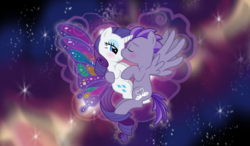 Size: 1024x596 | Tagged: safe, rarity, oc, oc:kydose, pegasus, pony, unicorn, g4, canon x oc, kissing, love, raridose, shipping, space, stars