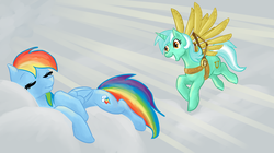 Size: 1366x767 | Tagged: safe, artist:bux, lyra heartstrings, rainbow dash, g4, artificial wings, cloud, cloudy, duo, flying, irrational exuberance, mechanical wing, sleeping