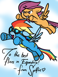 Size: 600x800 | Tagged: safe, artist:kymsnowman, rainbow dash, scootaloo, pegasus, pony, g4, duo, flying, goggles, scootaloo can fly, wonderbolts, wonderbolts uniform