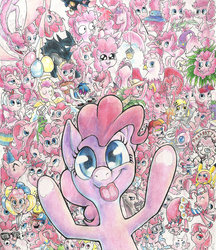 Size: 1024x1184 | Tagged: safe, artist:flyingkitterz, pinkie pie, earth pony, pony, g4, too many pinkie pies, against glass, clone, detailed, female, fourth wall, mare, multeity, too much pink energy is dangerous, traditional art