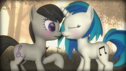 Size: 1192x670 | Tagged: safe, artist:musiikkiluomuksia, dj pon-3, octavia melody, vinyl scratch, g4, 3d, blushing, boop, female, gmod, lesbian, ship:scratchtavia, shipping