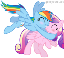 Size: 900x823 | Tagged: safe, artist:andreamelody, princess cadance, rainbow dash, g4, age regression, blushing, cadash, female, hug, lesbian, shipping, simple background, transparent background, vector
