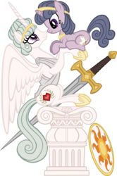 Size: 6000x9058 | Tagged: safe, artist:firestorm-can, artist:tygerbug, princess celestia, twilight sparkle, alicorn, pony, g4, absurd resolution, clothes, female, mare, shield, simple background, statue, sword, transparent background, twilight sparkle (alicorn)