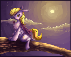 Size: 1000x800 | Tagged: safe, artist:meinkenny, oc, oc only, oc:moonlight, bat pony, pony, moon, night, sitting, solo, tree