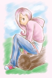 Size: 2100x3150 | Tagged: safe, artist:arucardpl, fluttershy, human, g4, clothes, converse, female, hoodie, humanized, shoes, solo