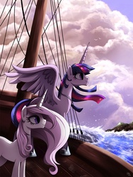 Size: 825x1097 | Tagged: safe, artist:ruhje, fleur-de-lis, twilight sparkle, alicorn, pony, unicorn, fanfic:myths and birthrights, g4, duo, fanfic, fanfic art, female, mare, ocean, older, ship, twilight sparkle (alicorn), ultimate twilight