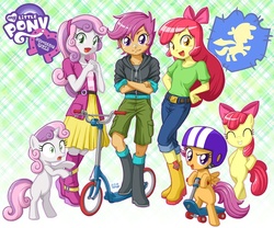 Size: 900x750 | Tagged: safe, artist:uotapo, apple bloom, scootaloo, sweetie belle, earth pony, human, pegasus, pony, unicorn, equestria girls, g4, adorabloom, bipedal, boots, clothes, crusaderbetes, cute, cutealoo, cutie mark crusaders, diasweetes, equestria girls logo, female, filly, human ponidox, palindrome get, self ponidox, shoes, skirt, uotapo is trying to murder us