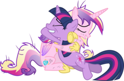 Size: 5720x3770 | Tagged: safe, artist:90sigma, princess cadance, twilight sparkle, alicorn, pony, unicorn, a canterlot wedding, g4, concave belly, dirty, duo, eyes closed, grin, hug, messy mane, simple background, sisters-in-law, slender, smiling, thin, transparent background, unicorn twilight, vector