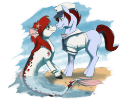 Size: 647x499 | Tagged: safe, artist:60-six, oc, oc only, hippocampus, merpony, blank flank, boop, bracelet, clothes, eye contact, noseboop, sailor, sailor uniform, unshorn fetlocks