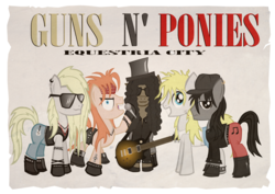 Size: 1053x745 | Tagged: safe, artist:thisisdashie, earth pony, pony, 80s, axl rose, clothes, duff mckagan, electric guitar, guitar, guns n roses, hard rock, hat, izzy stradlin, jacket, leather jacket, les paul, microphone, musical instrument, parody, ponified, poster, rock (music), slash, steven adler, sunglasses