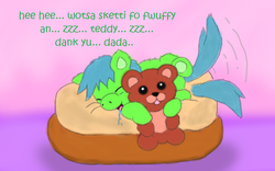 Size: 820x512 | Tagged: safe, artist:mr tiggly the wiggly walnut, fluffy pony, drool, sleeping, teddy bear