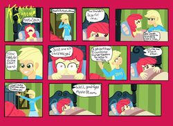 Size: 2338x1700 | Tagged: safe, artist:oneovertwo, apple bloom, applejack, equestria girls, g4, applebuse, bed, bed hair, blanket, comic, frown, grin, hiding, open mouth, sad, scared, smiling, wide eyes