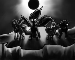 Size: 1000x800 | Tagged: safe, artist:hosendamaru, princess celestia, princess luna, g4, dear-princesscelestia, eclipse, monochrome