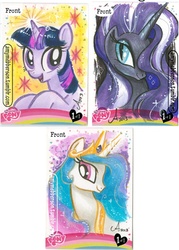 Size: 600x836 | Tagged: safe, artist:amy mebberson, nightmare rarity, princess celestia, twilight sparkle, g4, artist card, traditional art