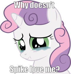 Size: 877x911 | Tagged: safe, sweetie belle, g4, bronybait, caption, crying, female, image macro, male, sad, ship:spikebelle, shipping, solo, straight