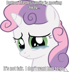 Size: 877x911 | Tagged: safe, button mash, sweetie belle, g4, bronybait, buttongate, crying, female, image macro, sad, solo
