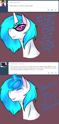 Size: 1280x2694 | Tagged: safe, artist:mad42hatter, dj pon-3, vinyl scratch, pony, unicorn, ask transdjpon-3, g4, ask, blushing, glasses, record scrape, solo, trans vinyl, transgender, tumblr