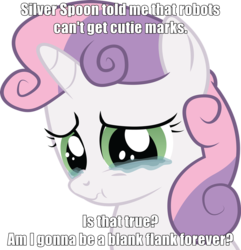 Size: 877x911 | Tagged: safe, sweetie belle, g4, caption, crying, female, image macro, sad, solo, sweetie bot