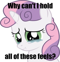 Size: 877x912 | Tagged: safe, sweetie belle, g4, caption, crying, feels, female, image macro, reaction image, sad, scrunchy face, solo
