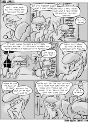 Size: 944x1294 | Tagged: safe, artist:capnpea, apple bloom, applejack, earth pony, pony, comic:three apples, g4, angry, clubhouse, comic, crusaders clubhouse, duo, duo female, female, filly, mare, monochrome, night