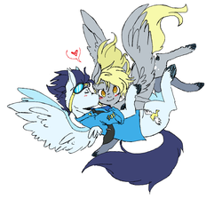 Size: 990x886 | Tagged: dead source, safe, artist:techtechno, derpy hooves, soarin', pegasus, pony, g4, blushing, clothes, derpin', female, goggles, heart, holding, kissing, male, mare, necktie, shipping, shirt, straight