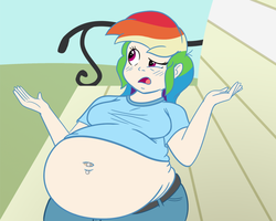 Size: 750x600 | Tagged: safe, artist:blubberwhale, rainbow dash, human, g4, lesson zero, bbw, belly, belly button, belly piercing, bellyring, big belly, fat, female, humanized, muffin top, piercing, rainblob dash, scene interpretation, solo