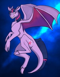 Size: 700x906 | Tagged: safe, artist:foxenawolf, twilight sparkle, dragon, g4, claws, dragonified, evil grin, evil twilight, fangs, female, flying, horns, solo, species swap, twilidragon