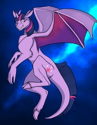 Size: 700x906 | Tagged: safe, artist:foxenawolf, twilight sparkle, dragon, g4, claws, dragonified, evil smile, evil twilight, fangs, female, flying, horns, solo, species swap, twilidragon