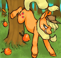 Size: 1280x1210 | Tagged: safe, artist:rinthefatdumbcat, applejack, earth pony, pony, g4, apple, apple tree, apple/apples falling, applebucking, applejack mid tree-buck facing the right with 3 apples falling down, applejack mid tree-buck with 3 apples falling down, bucking, female, grin, lidded eyes, mare, smiling, solo, tree, unshorn fetlocks