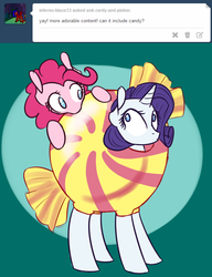 Size: 1000x1300 | Tagged: safe, artist:rastaquouere69, pinkie pie, rarity, g4, ask, candy, candy costume, clothes, costume, female, food, food costume, lesbian, ship:raripie, shipping, tumblr