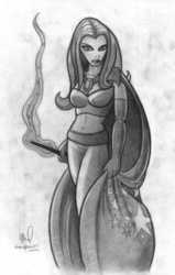 Size: 2034x3204 | Tagged: safe, artist:drawponies, trixie, human, g4, belly button, cape, cleavage, clothes, evening gloves, female, humanized, magic, midriff, monochrome, solo, wand