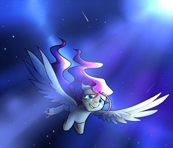 Size: 1228x1050 | Tagged: safe, artist:lethalauroramage, oc, oc only, pegasus, pony, crepuscular rays, crying, flying, grin, happy, lip bite, moonlight, night, sky, smiling, solo, spread wings, stars, tears of joy