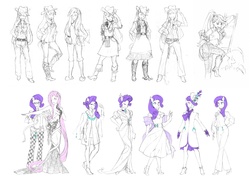 Size: 2500x1800 | Tagged: safe, artist:s0901, applejack, fluttershy, rarity, human, anthro, g4, clothes, design, dress, humanized, monochrome, sketch, sketch dump