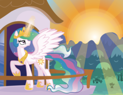 Size: 4265x3299 | Tagged: safe, artist:inkrose98, princess celestia, g4, balcony, female, solo, sunrise