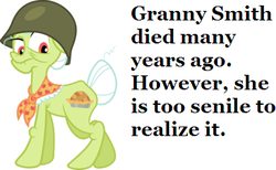 Size: 405x250 | Tagged: safe, granny smith, pony, zombie, g4, army helmet, female, headcanon, helmet, implied death, mare, solo, text