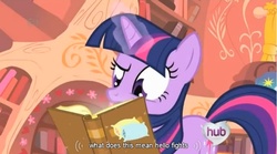 Size: 800x444 | Tagged: safe, screencap, twilight sparkle, g4, book, female, hub logo, meme, solo, youtube caption