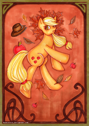 Size: 592x834 | Tagged: safe, artist:php174, applejack, earth pony, pony, g4, apple, autumn, bipedal, female, frame, hat, leaves, solo, traditional art