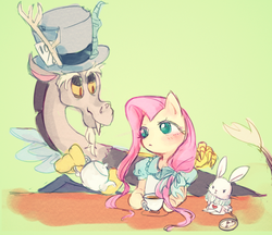 Size: 580x500 | Tagged: safe, artist:irislis44, angel bunny, discord, fluttershy, draconequus, pegasus, pony, rabbit, g4, alice in wonderland, blushing, clock, clothes, cup, dress, female, food, green background, hair ribbon, hat, lime background, mad hatter, male, mare, pixiv, pocket watch, ribbon, simple background, tea, teacup