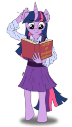 Size: 3575x6300 | Tagged: safe, artist:greenlinzerd, twilight sparkle, anthro, unguligrade anthro, g4, absurd resolution, book, clothes, ear scratch, female, solo, strategically covered