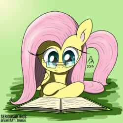 Size: 1500x1500 | Tagged: dead source, safe, artist:seriousarthos, fluttershy, g4, book, female, glasses, reading, solo