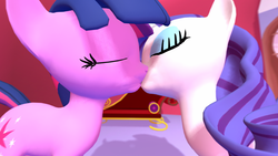 Size: 1920x1080 | Tagged: dead source, safe, artist:udacom, rarity, twilight sparkle, pony, unicorn, g4, 3d, duo, female, gmod, kiss on the lips, kissing, lesbian, mare, ship:rarilight, shipping