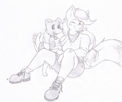 Size: 1146x959 | Tagged: safe, artist:joey darkmeat, applejack, winona, anthro, g4, monochrome, sketch